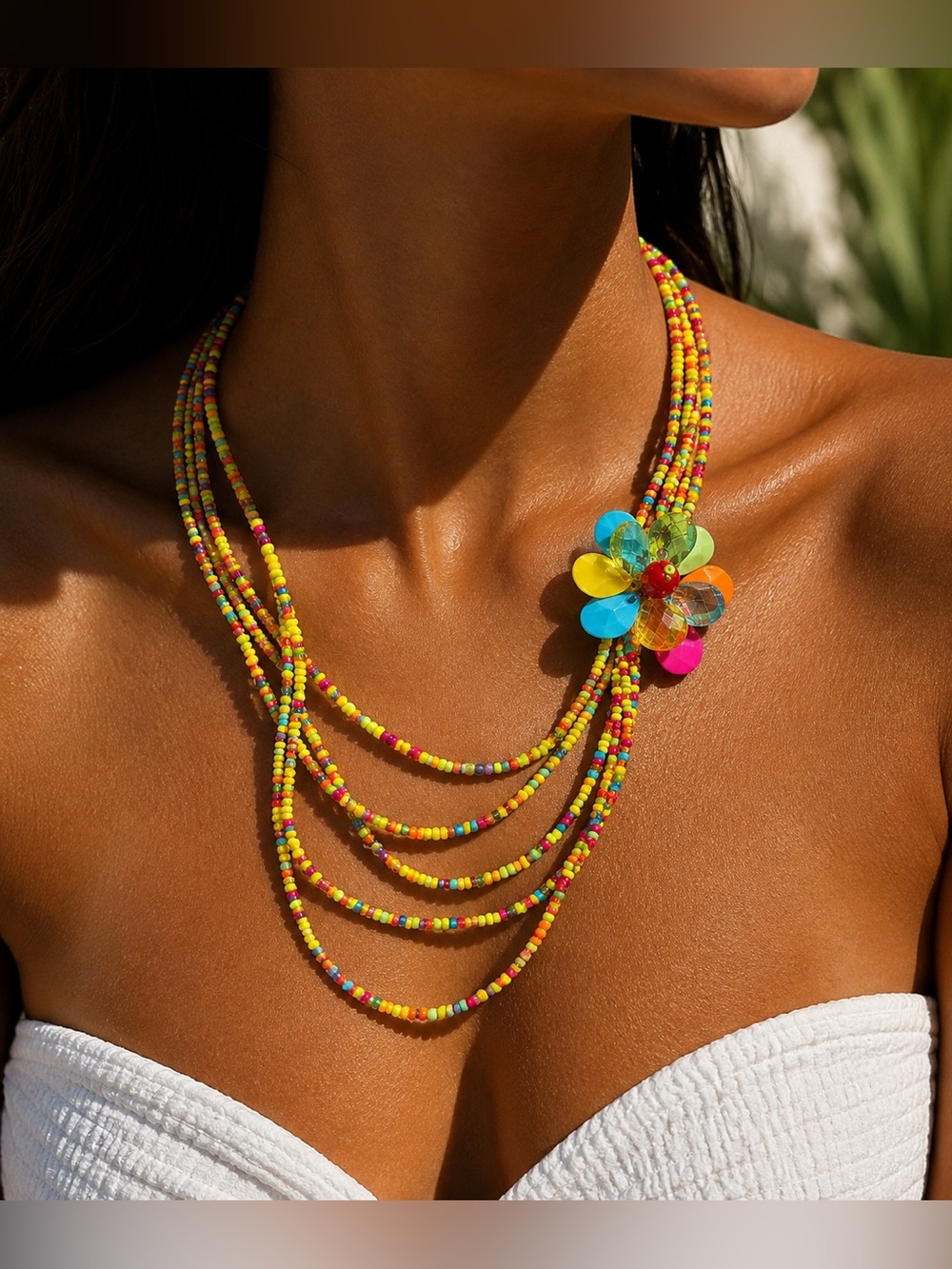 Vintage Italian Colorful Beaded Multi Strand Flower Statement Necklace